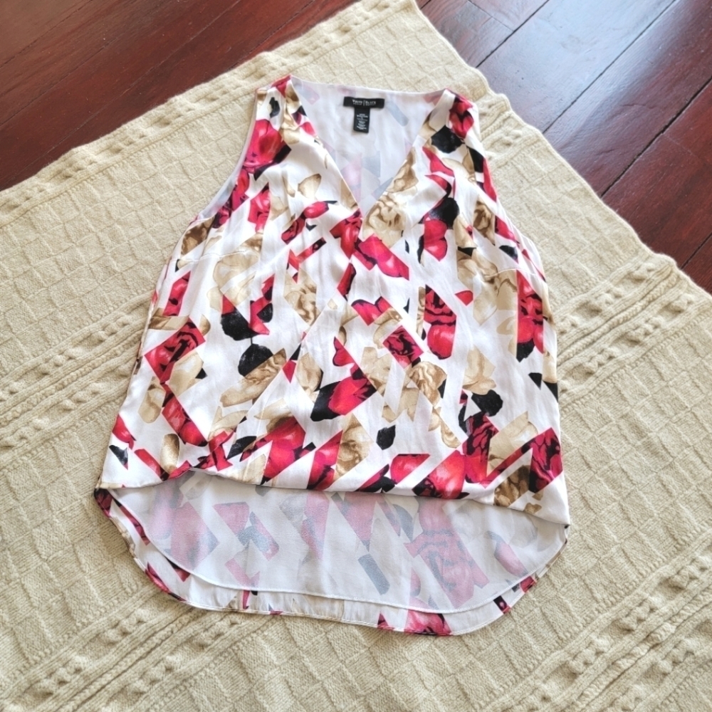 WHBM Geometric Floral Stretch Silk Wrap High Low Top size Large Pink White